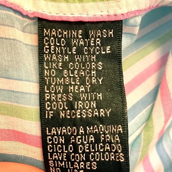 Vintage Lauren by Ralph Lauren, blue green and pink sheer button down shirt - Picture 8 of 8